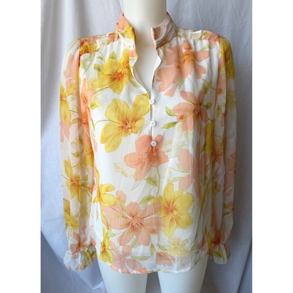 Haver & Blair Floral Blouse Yellow Peach Ruffle Cottagecore Feminine  Small